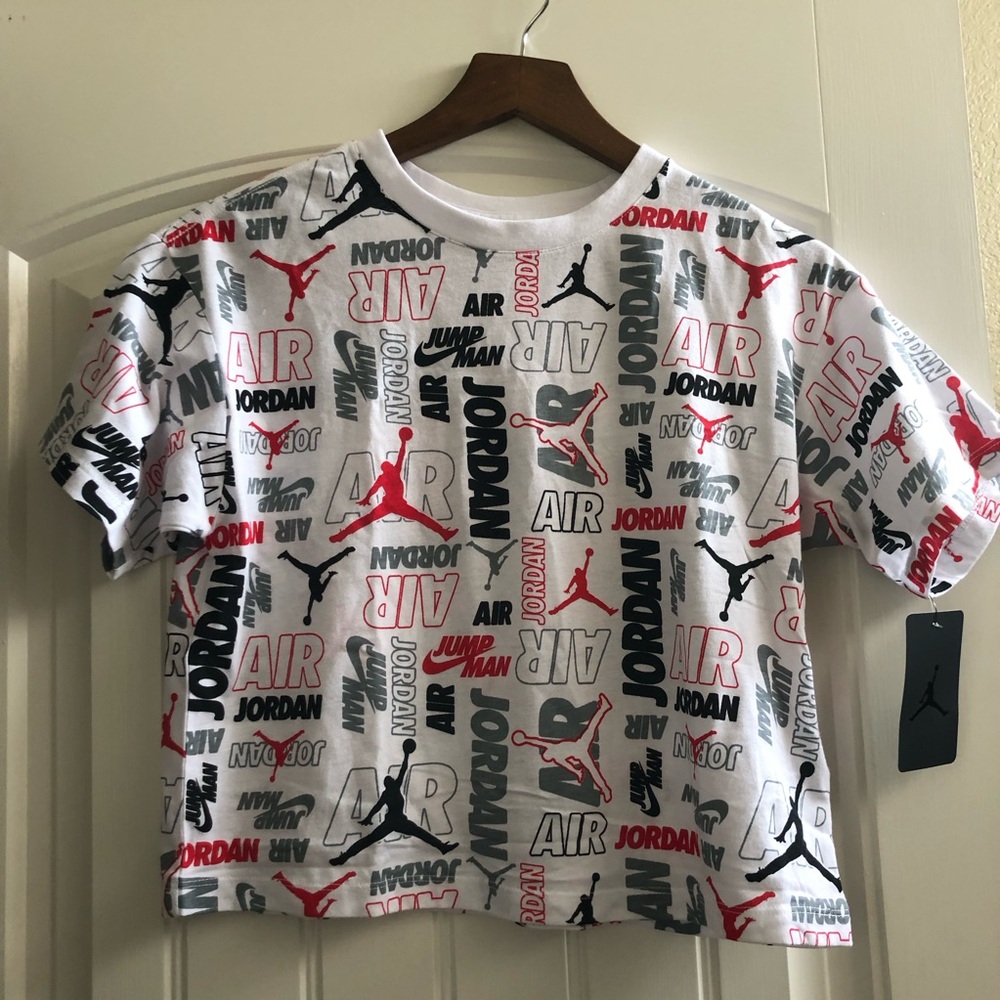 New Girls Big Kids Nike Air Jordan Jumpman Logo All Over Cropped T Shirt L White